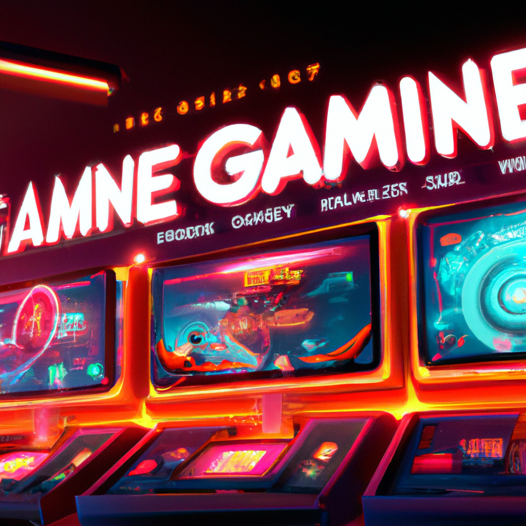 Arcade montage: players, neon, game screens